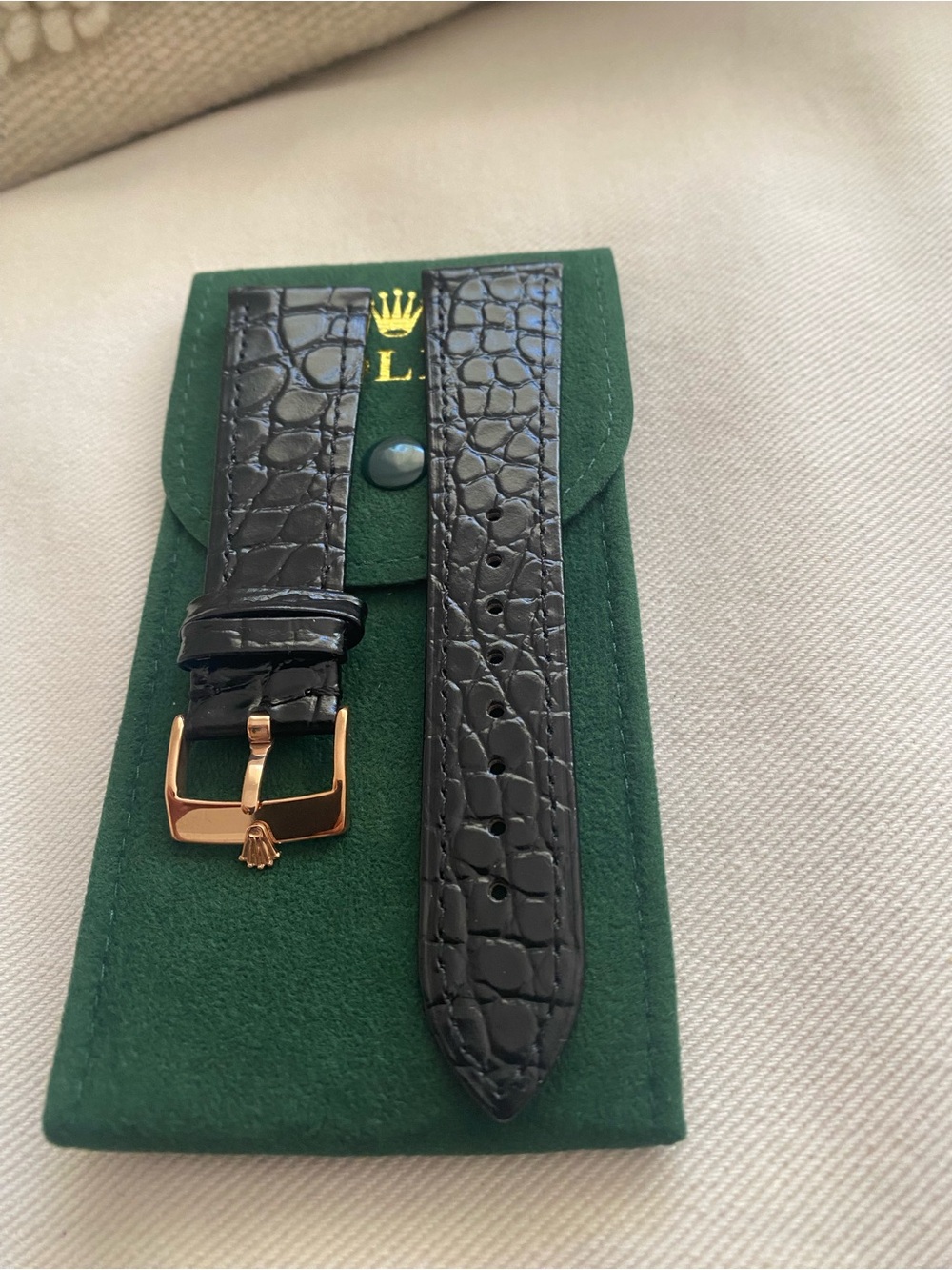 Rolex-style Black Croc Leather Watch Strap with Rose Gold Plated Buckle 20mm